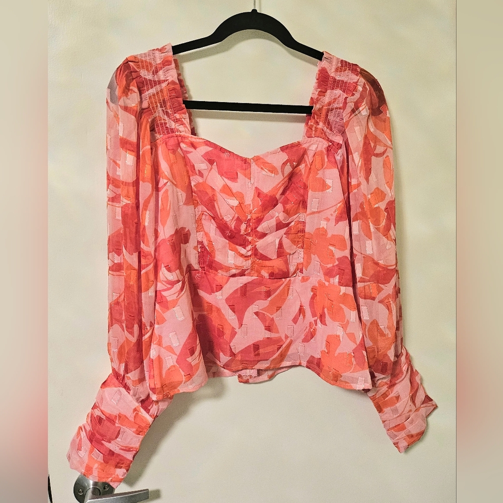 French Connection Tropical Print Balloon Sleeve Faux Corset Bust Top